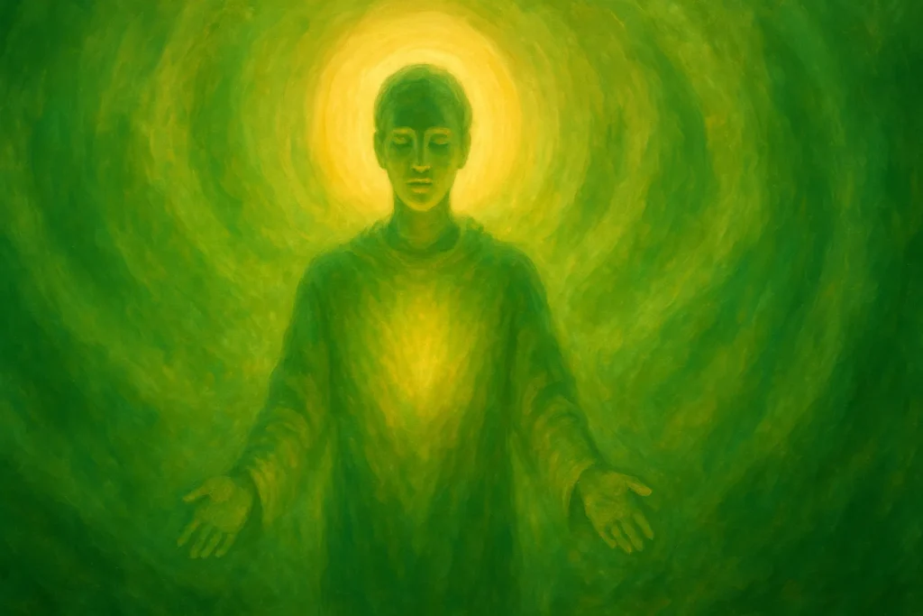 Figura espiritual envolta em luz verde e dourada, emanando serenidade e energia divina, simbolizando a proteção e a força espiritual da oração de São Patrício.