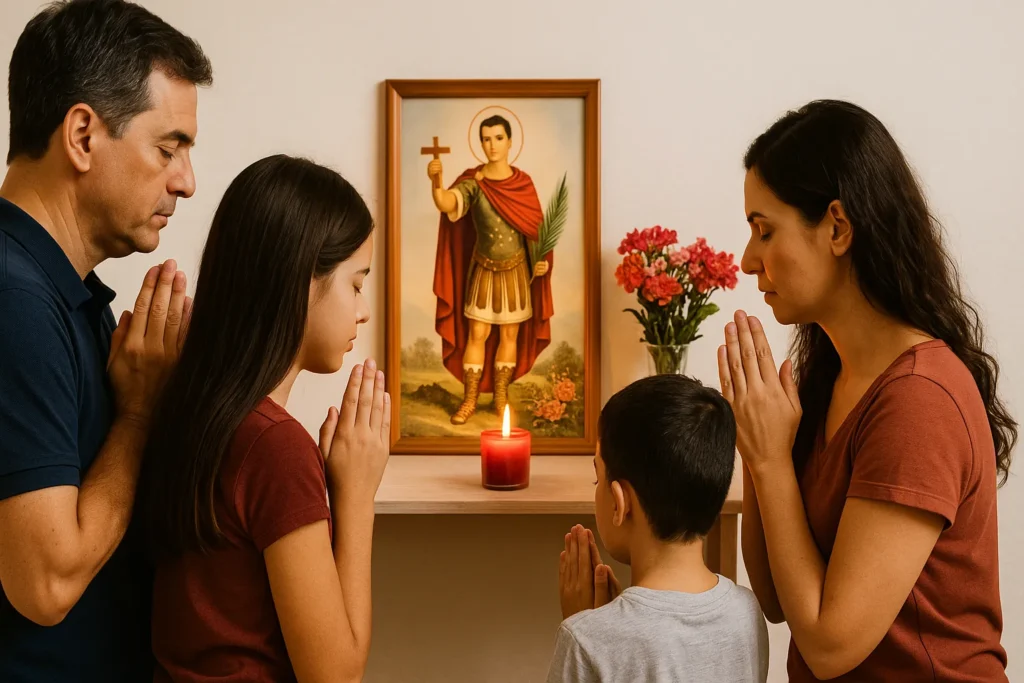 Família com pais e filhos rezando diante de um altar com imagem de Santo Expedito, vela vermelha e flores, simbolizando união, fé e devoção.