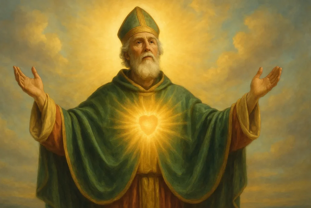 São Patrício com os braços abertos e luz dourada emanando do coração, simbolizando fé, poder espiritual e vitória da luz sobre as trevas.