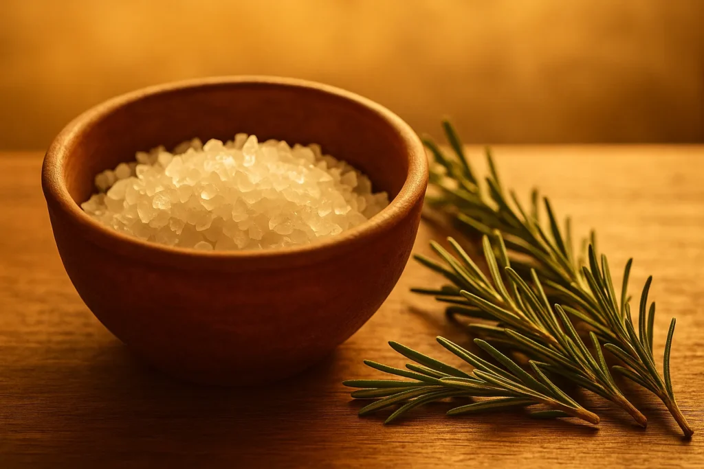 Tigela de barro com sal grosso e ramos de alecrim frescos sobre mesa de madeira, com iluminação dourada e ambiente calmo simbolizando purificação e equilíbrio energético.