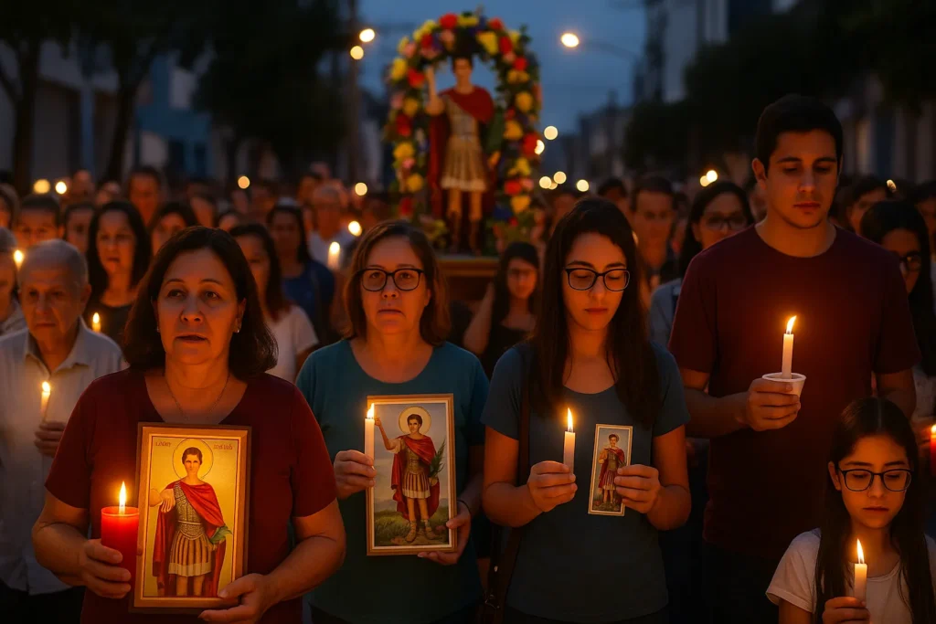 Fiéis participam de procissão noturna em homenagem a Santo Expedito, carregando velas acesas e imagens do santo em clima de fé e devoção.