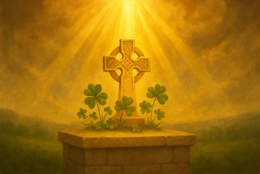 Luz dourada descendo sobre um altar com trevos e uma cruz celta, transmitindo sensação de paz, serenidade e conexão divina.