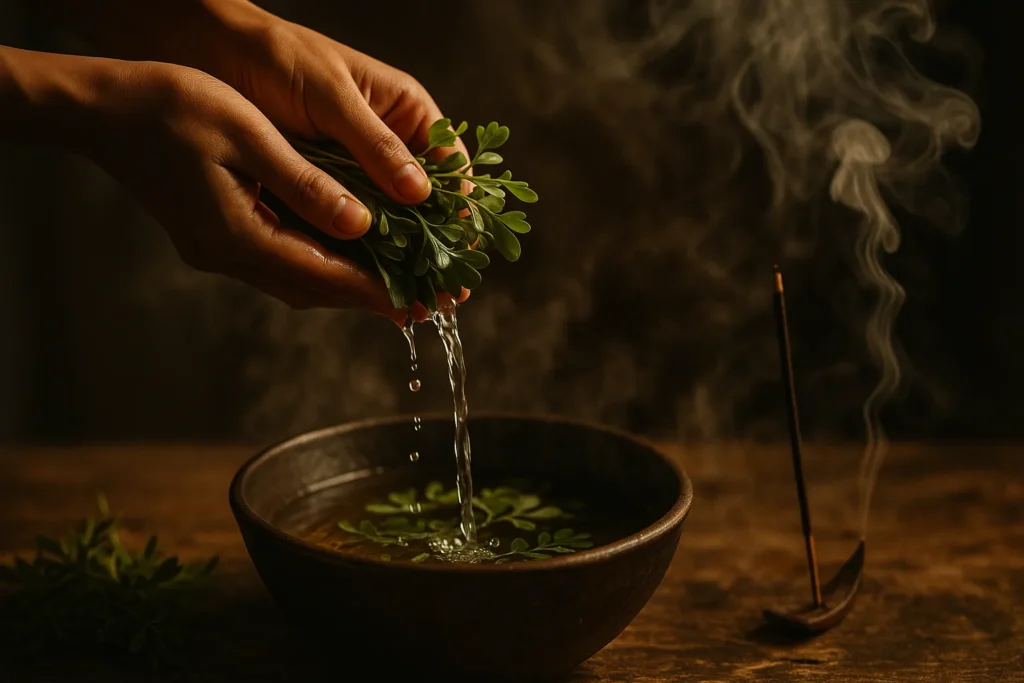 Mãos despejando água com folhas de arruda em uma bacia, com fumaça de incenso e luz dourada suave, criando atmosfera espiritual e de limpeza energética.