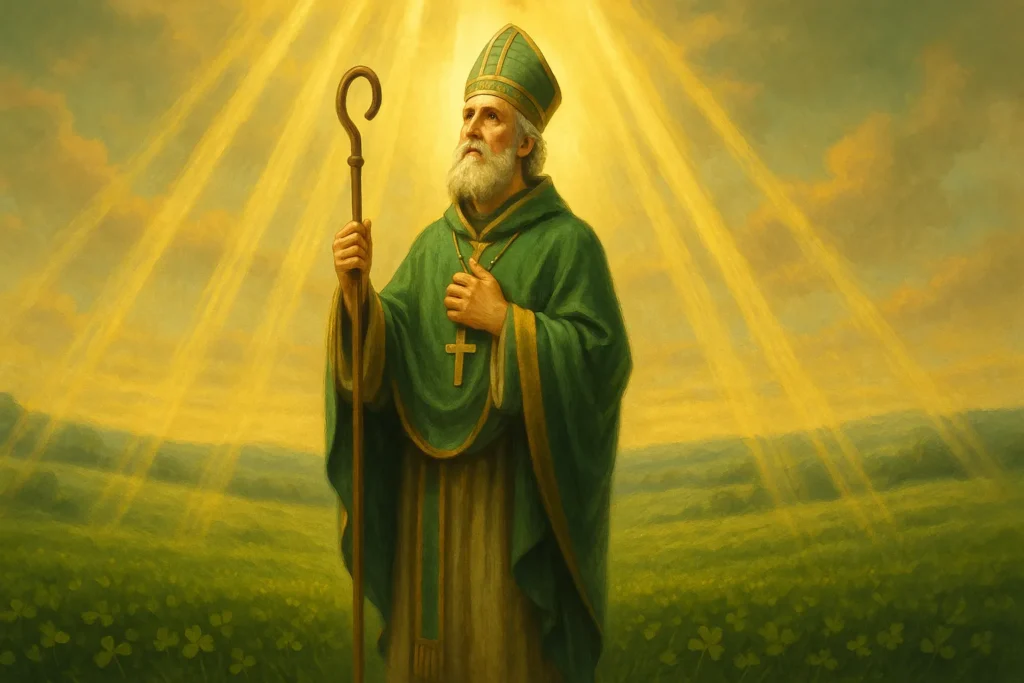 São Patrício de pé sobre um campo verde com feixes dourados descendo do céu, simbolizando iluminação divina, fé viva e presença espiritual.