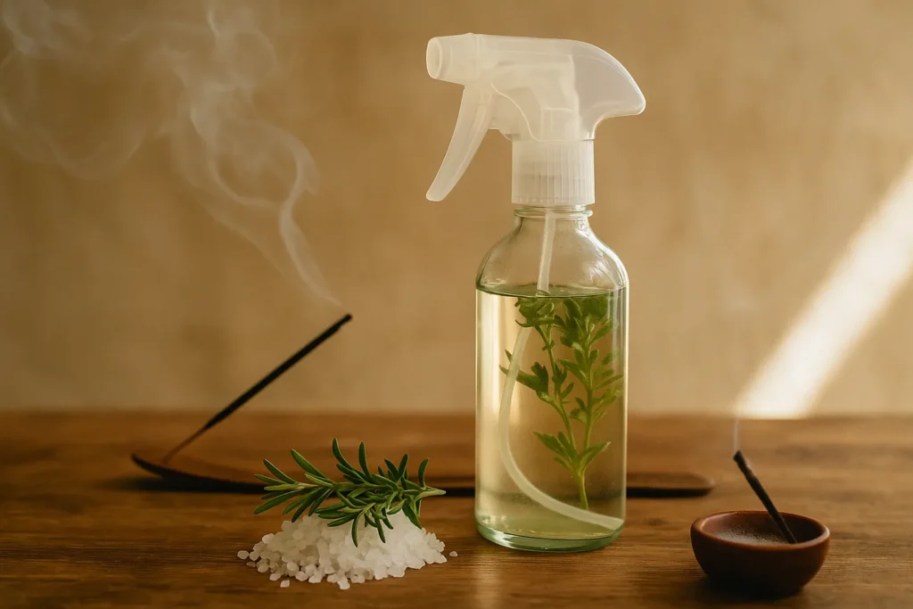 Borrifador com ervas e sal grosso sobre mesa de madeira, com incenso soltando fumaça suave ao fundo, simbolizando limpeza energética e purificação do ambiente.