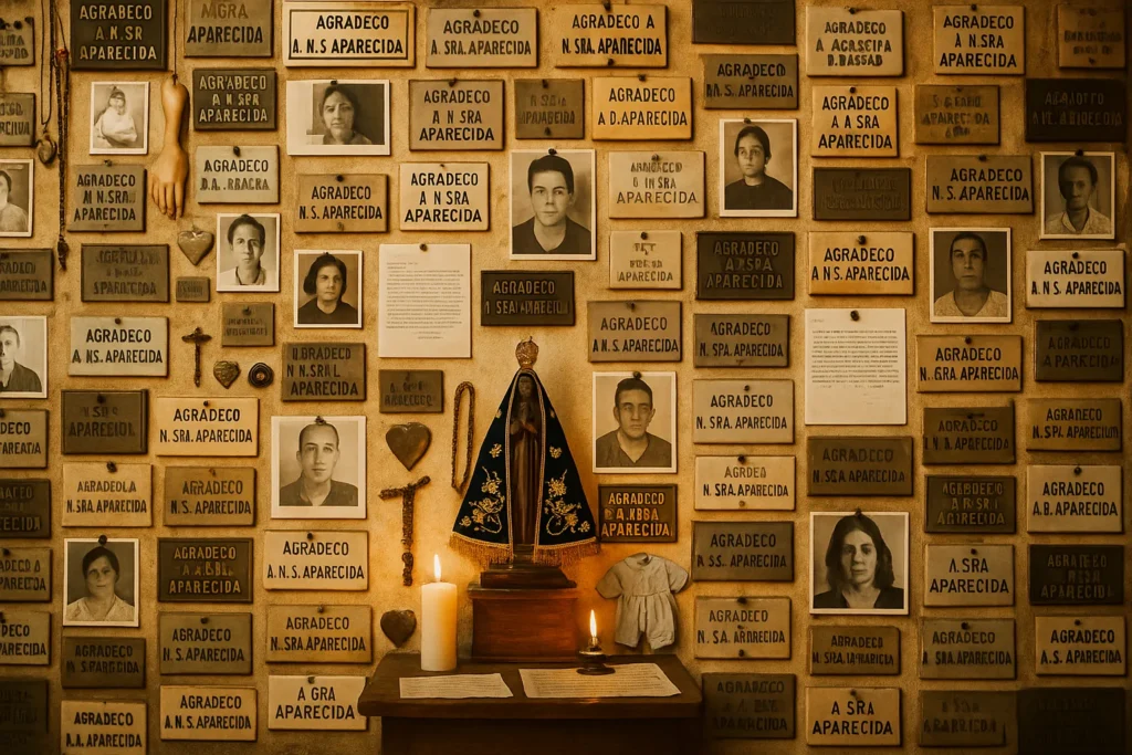 Parede de ex-votos em uma paróquia de Nossa Senhora Aparecida, coberta com fotos, objetos e cartas de agradecimento deixados por fiéis, iluminada por luz suave e devocional.