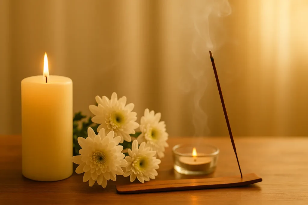 Ambiente iluminado com vela, incenso e flores brancas sobre mesa de madeira, simbolizando serenidade, harmonia espiritual e purificação energética.