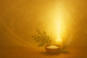 Capa dourada com vela acesa, ervas e tigela de sal grosso, simbolizando purificação, energia divina e renovação espiritual.