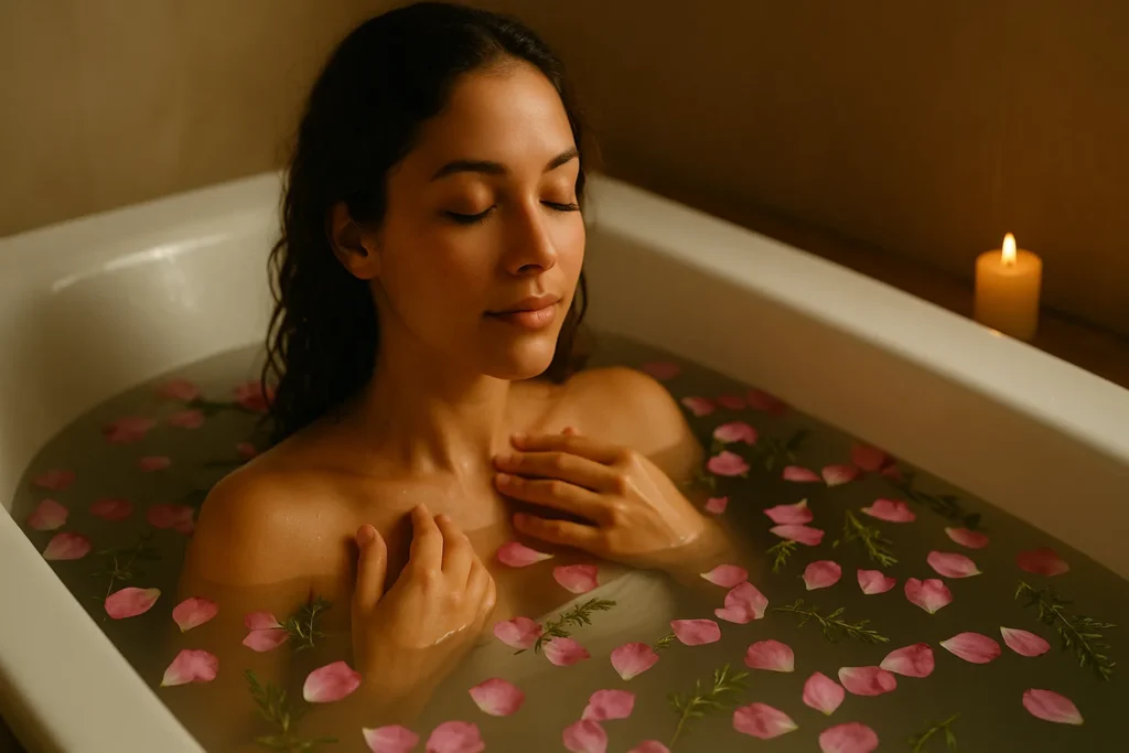 Mulher em um banho com pétalas e ervas, rodeada por luz suave, simbolizando purificação energética e serenidade interior.