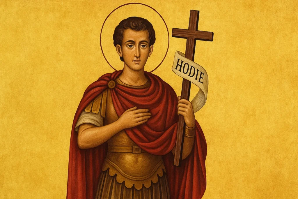Representação clássica de Santo Expedito em estilo de ícone religioso, vestindo uniforme romano, com manto vermelho e segurando uma cruz com a inscrição “Hodie”, simbolizando fé e prontidão.