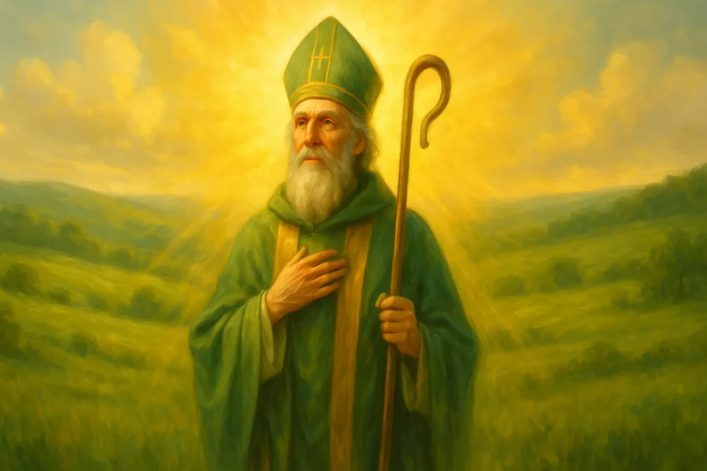 Ilustração de São Patrício em meio a campos verdes, envolto por uma luz dourada celestial, representando fé, proteção espiritual e conexão divina com a natureza.