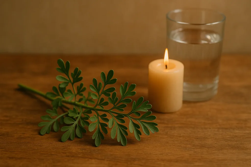 Ramos de arruda fresca sobre uma mesa de madeira, ao lado de uma vela acesa e um copo com água, representando proteção e purificação energética.