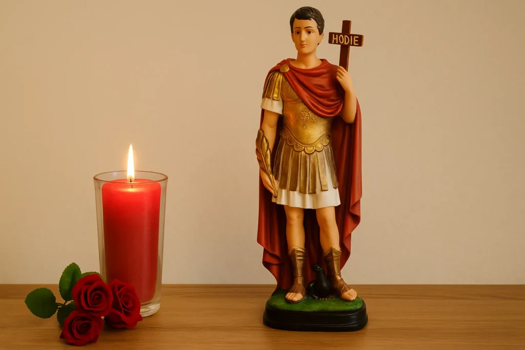 Estátua de Santo Expedito em altar doméstico, ao lado de uma vela vermelha acesa e rosas, simbolizando fé, devoção e oração em causas urgentes.