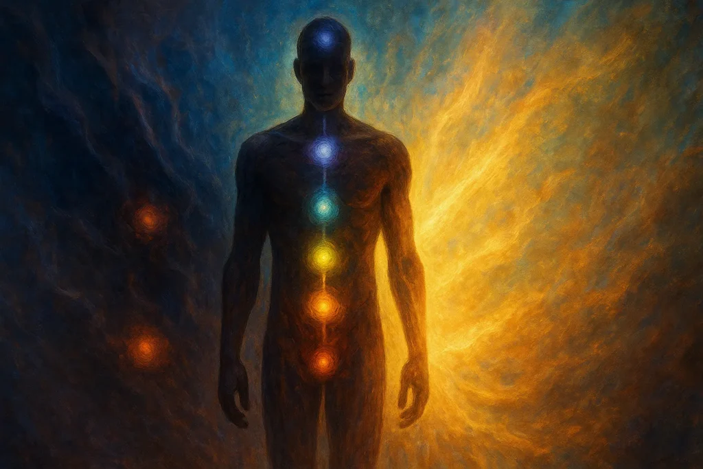 Ilustração de corpo humano com chakras coloridos iluminados, simbolizando o fluxo energético e o processo de cura espiritual.