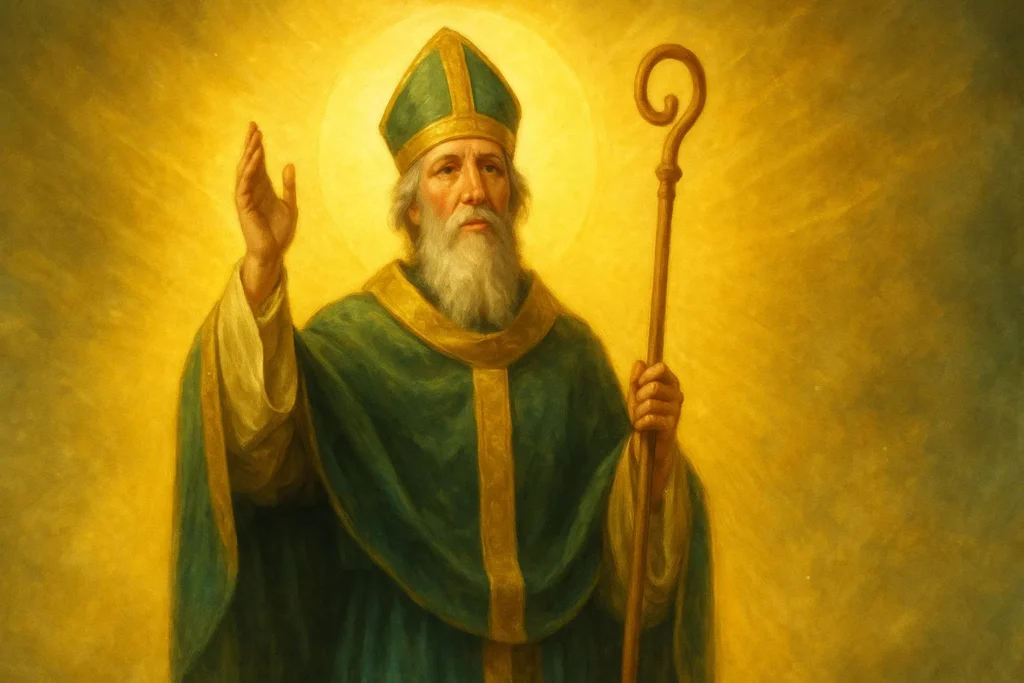 Representação luminosa de São Patrício erguendo um cajado com uma aura dourada ao redor, simbolizando fé, poder espiritual e proteção divina.