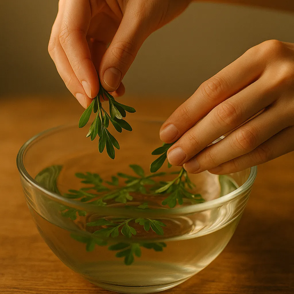 Mãos femininas colocando ervas em uma tigela de vidro com água morna, sob luz dourada suave, simbolizando energia, pureza e conexão espiritual.