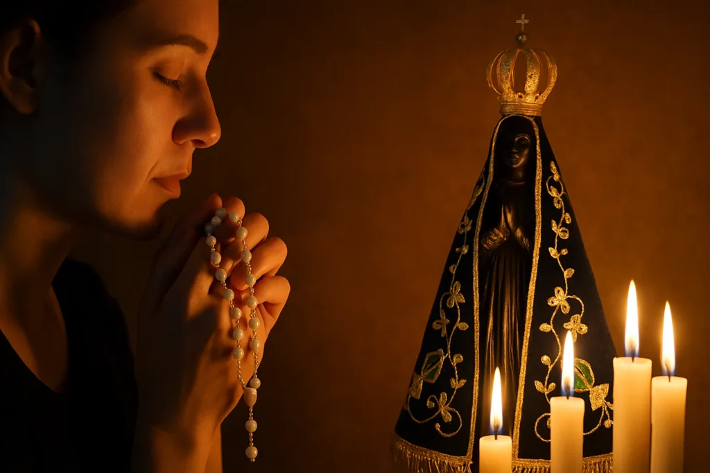 Mulher segurando um terço diante de Nossa Senhora Aparecida iluminada por velas