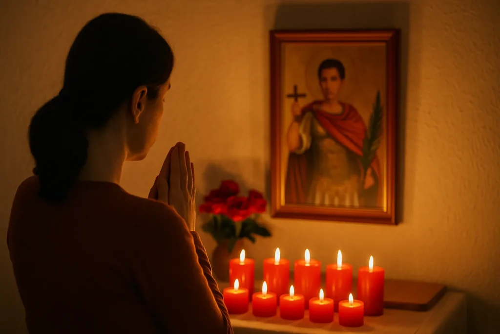 Mulher em oração diante de um altar com várias velas vermelhas acesas e imagem de Santo Expedito, simbolizando devoção, fé e entrega espiritual.
