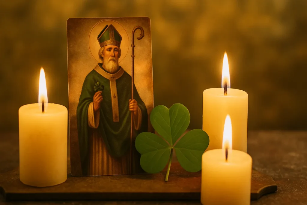 Velas acesas sobre um altar com um trevo e imagem de São Patrício ao fundo, irradiando luz dourada e representando fé, oração e conexão espiritual.