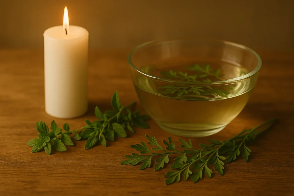Mesa com ervas frescas, vela branca acesa e recipiente de vidro com água morna, simbolizando a preparação de um banho de limpeza espiritual e purificação energética.