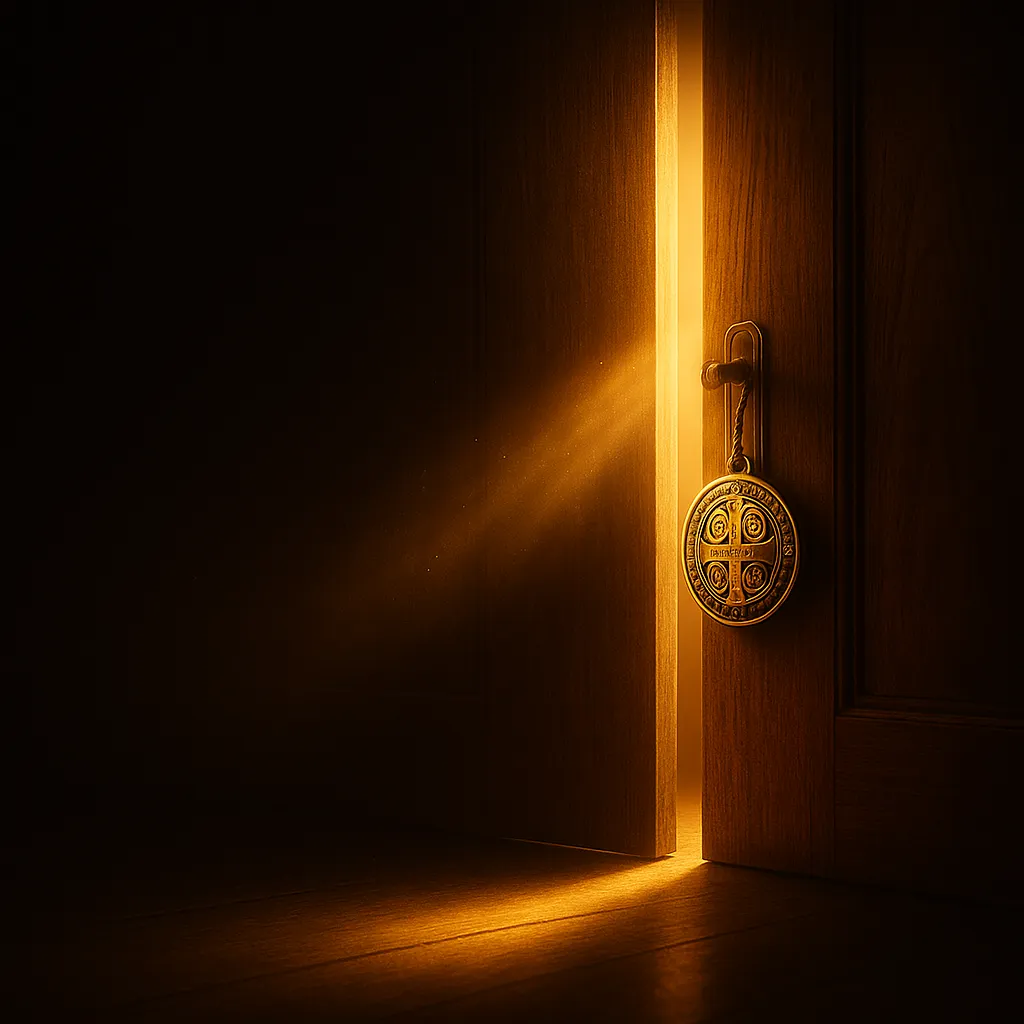 Feixe de luz dourada atravessando uma porta entreaberta em ambiente escuro, simbolizando abertura de caminhos e energia espiritual entrando.