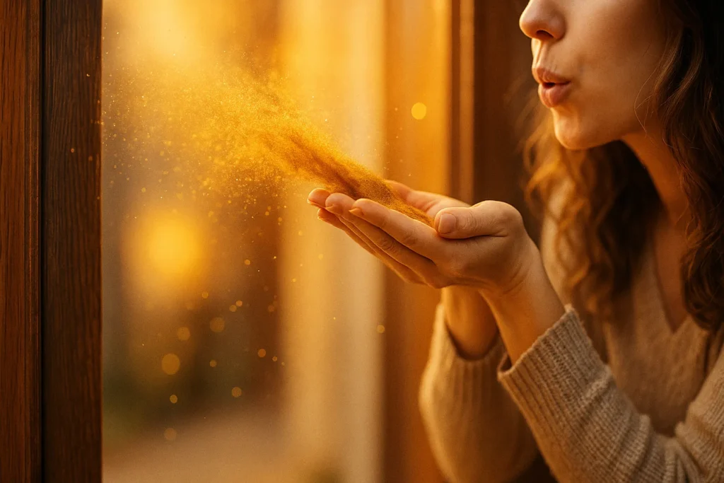 Mãos femininas soprando canela dourada na porta de entrada com partículas brilhantes flutuando no ar, iluminadas por luz dourada suave, simbolizando prosperidade e abundância espiritual.