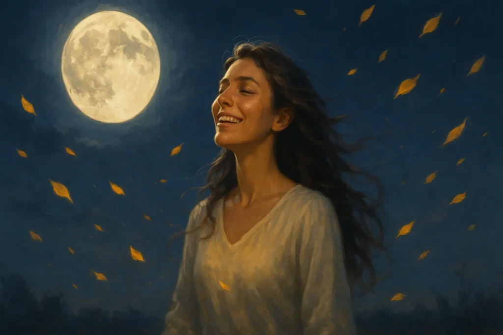 Mulher sorrindo sob a luz da lua cheia, com vento suave e pétalas douradas flutuando ao redor, representando leveza, sinais espirituais e prosperidade em movimento.