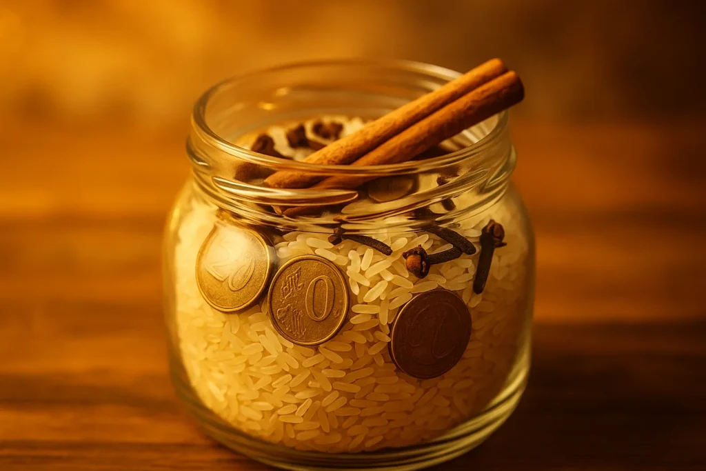 Pote de vidro com arroz, moedas, canela e cravos-da-índia iluminado por luz dourada, representando o pote cigano da prosperidade e a energia espiritual da abundância.