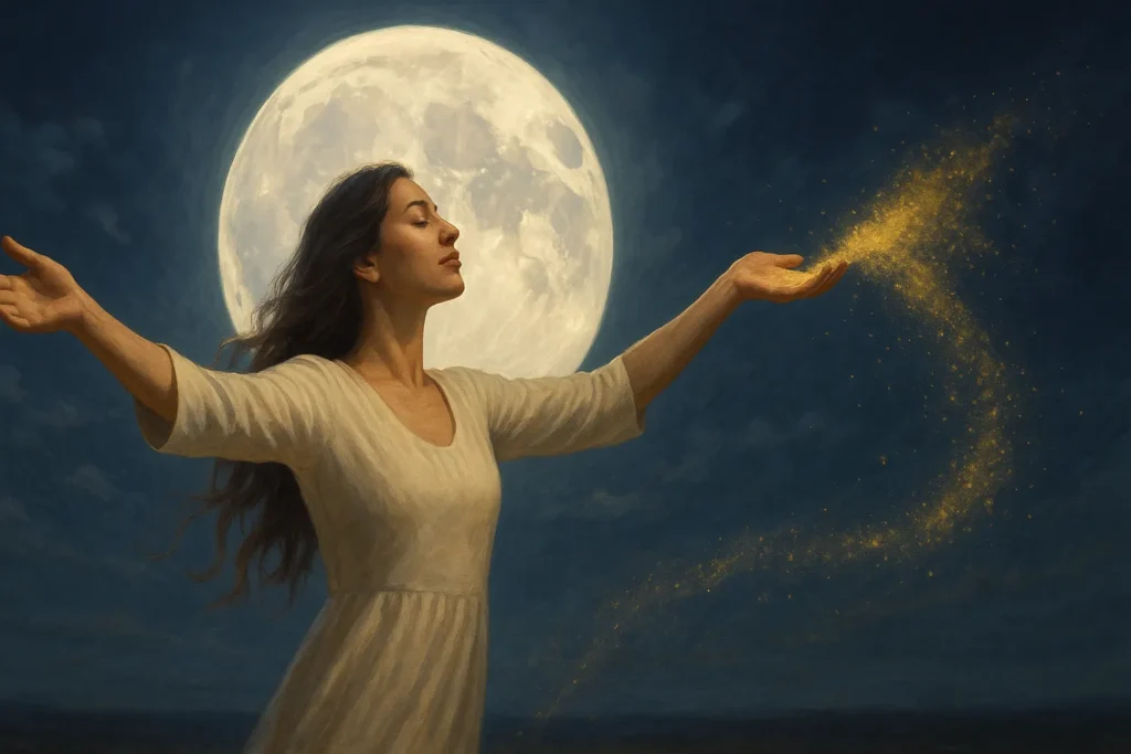 Mulher em frente à lua cheia com os braços abertos, soltando areia dourada ao vento, representando desapego, entrega e confiança no fluxo do Universo.