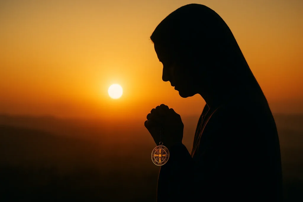 Silhueta de uma pessoa em oração durante o amanhecer dourado, segurando a medalha de São Bento diante do horizonte iluminado.