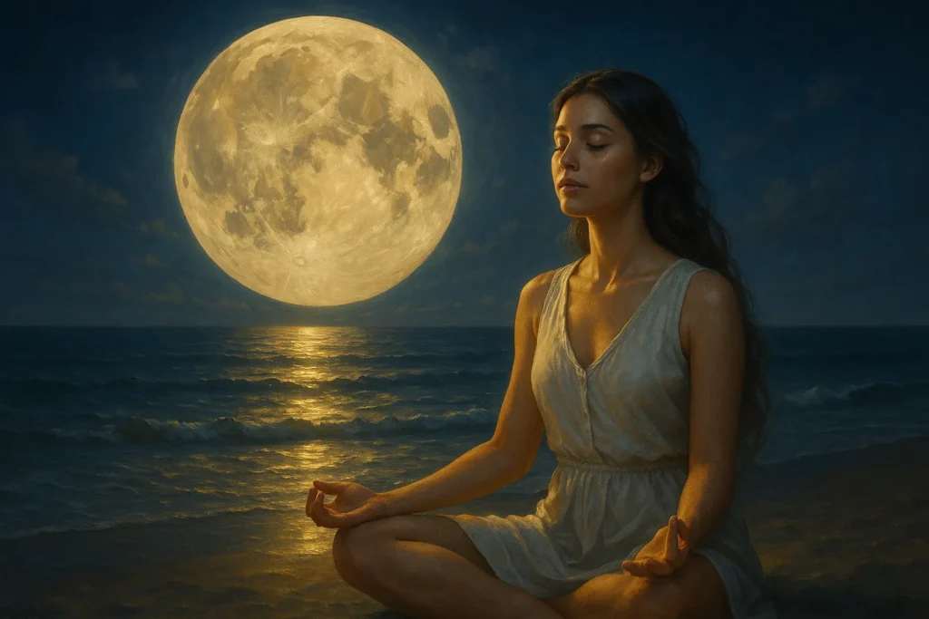 Mulher meditando à beira-mar sob a luz da lua cheia, com reflexos dourados na água e expressão serena de plenitude e conexão espiritual profunda.