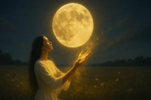 Mulher sob a luz dourada da lua cheia em campo sereno, com partículas brilhantes flutuando ao redor, simbolizando conexão espiritual, poder lunar e energia de prosperidade.