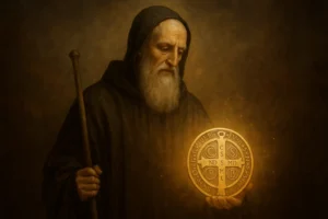 Representação de São Bento segurando a medalha de São Bento brilhando em tons dourados, simbolizando proteção espiritual e força divina.