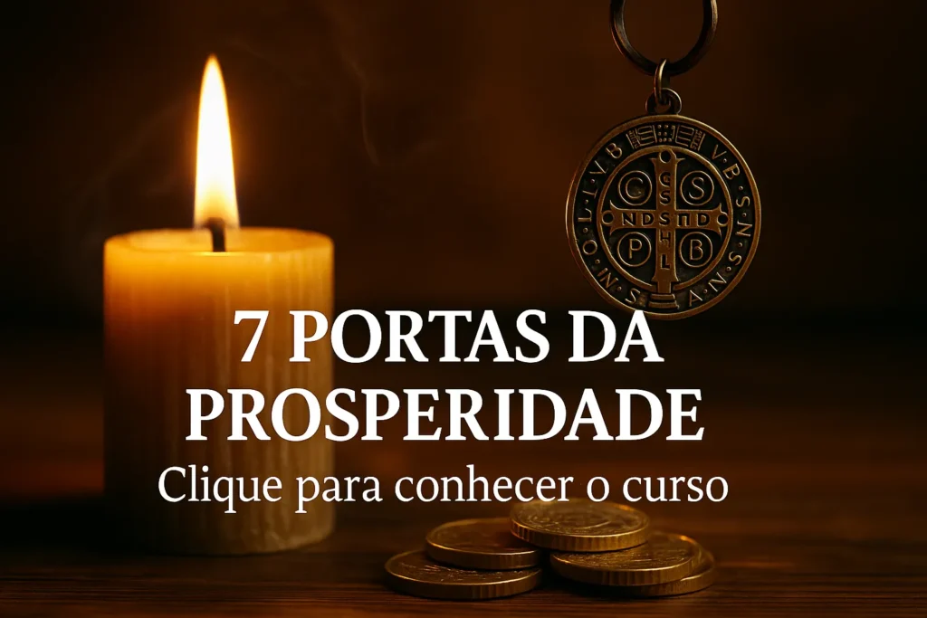 Cena espiritual com vela acesa, medalha de São Bento pendurada e moedas douradas sobre uma mesa, simbolizando proteção e energia de prosperidade.