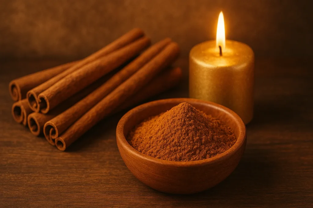Tigela com canela em pau e canela em pó iluminada por uma vela dourada, simbolizando prosperidade, luz espiritual e abundância.