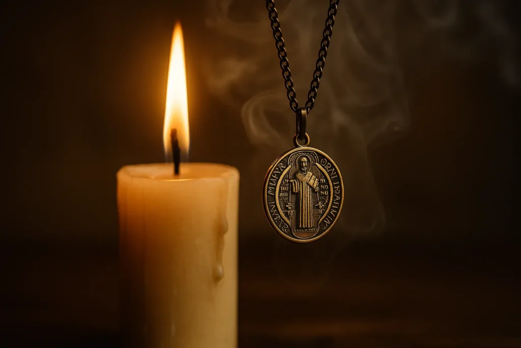 Medalha de São Bento pendurada diante de uma vela acesa, com fumaça suave e atmosfera mística ao fundo.