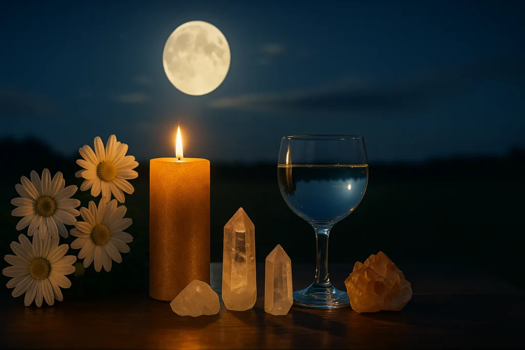 Mesa iluminada à luz da lua com vela dourada, cristais, flores brancas e taça de água refletindo o luar, representando um altar de prosperidade lunar e conexão espiritual.