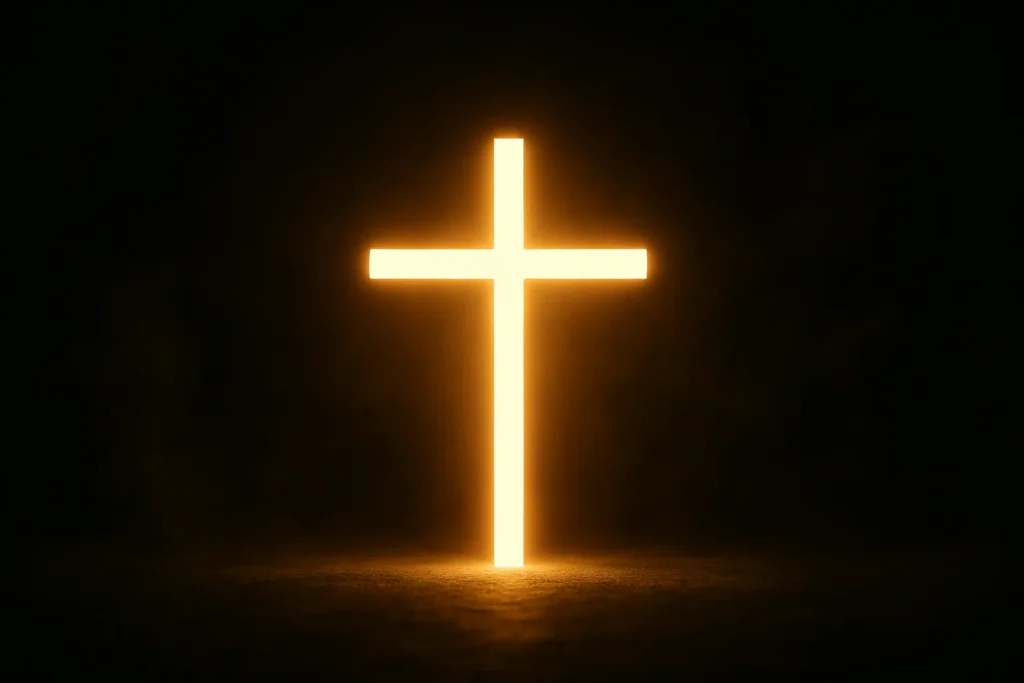 Cruz brilhante emitindo luz dourada em meio à escuridão, simbolizando proteção e vitória espiritual.