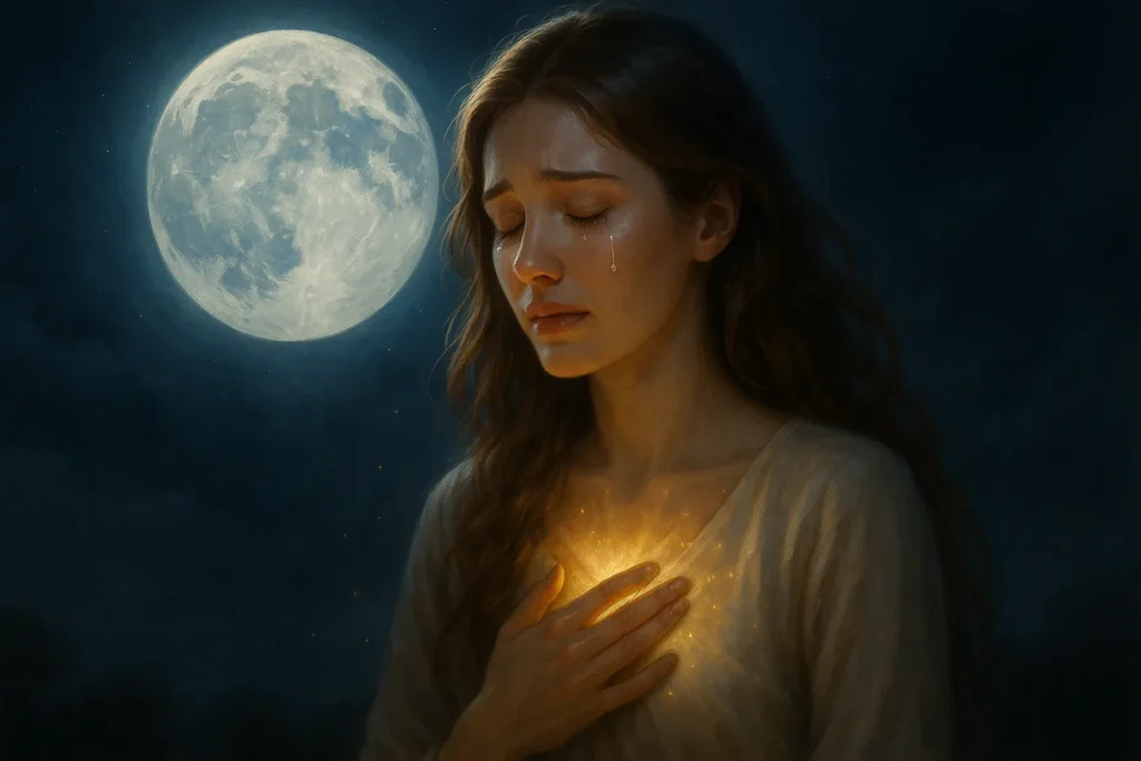 Mulher de olhos fechados sob a luz da lua cheia, com lágrimas de gratidão e brilho dourado no coração, simbolizando fé, emoção e profunda conexão espiritual.