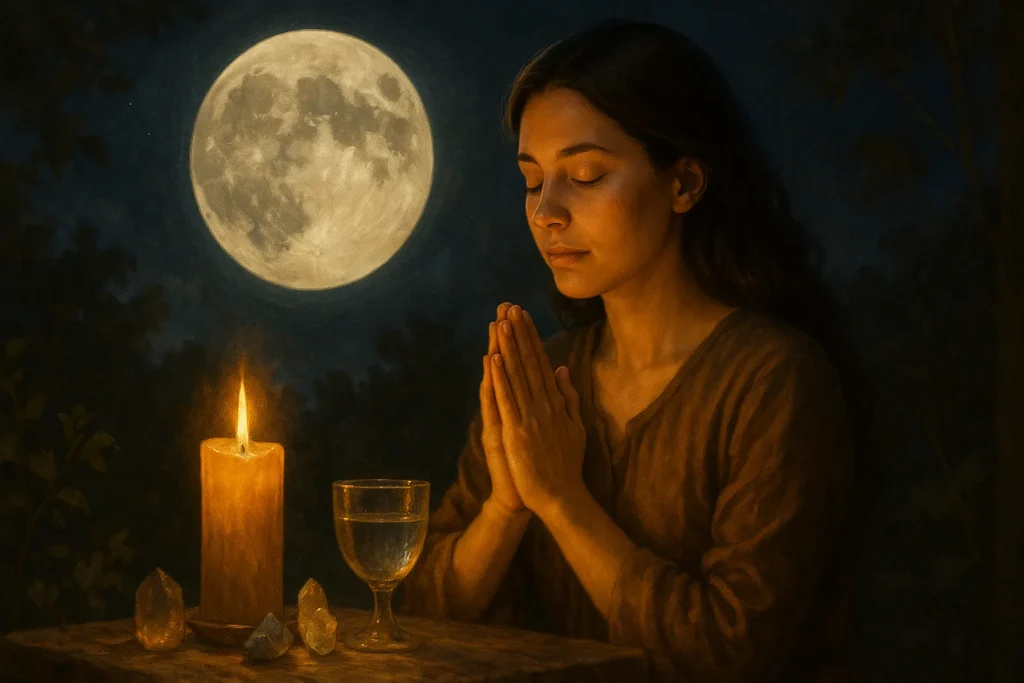 Mulher orando de olhos fechados diante de um altar iluminado pela lua cheia, com vela dourada, cristais e taça d’água sobre mesa rústica, em atmosfera espiritual e serena.