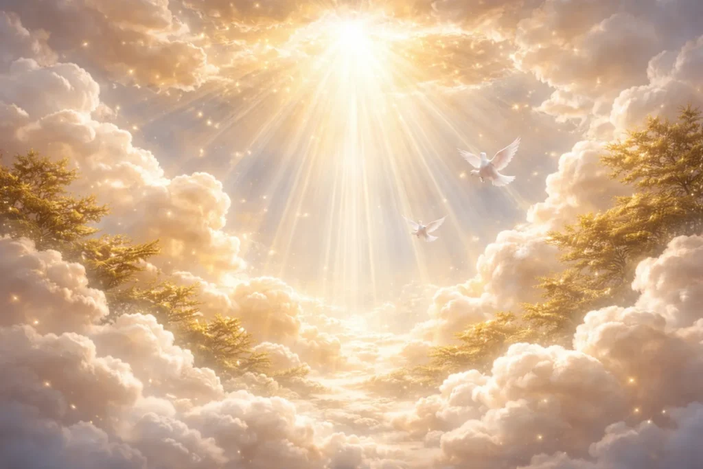 Cena celestial com nuvens claras, abertura de luz no céu e pombas brancas voando, simbolizando fé, proteção espiritual e caminhos sendo iluminados.