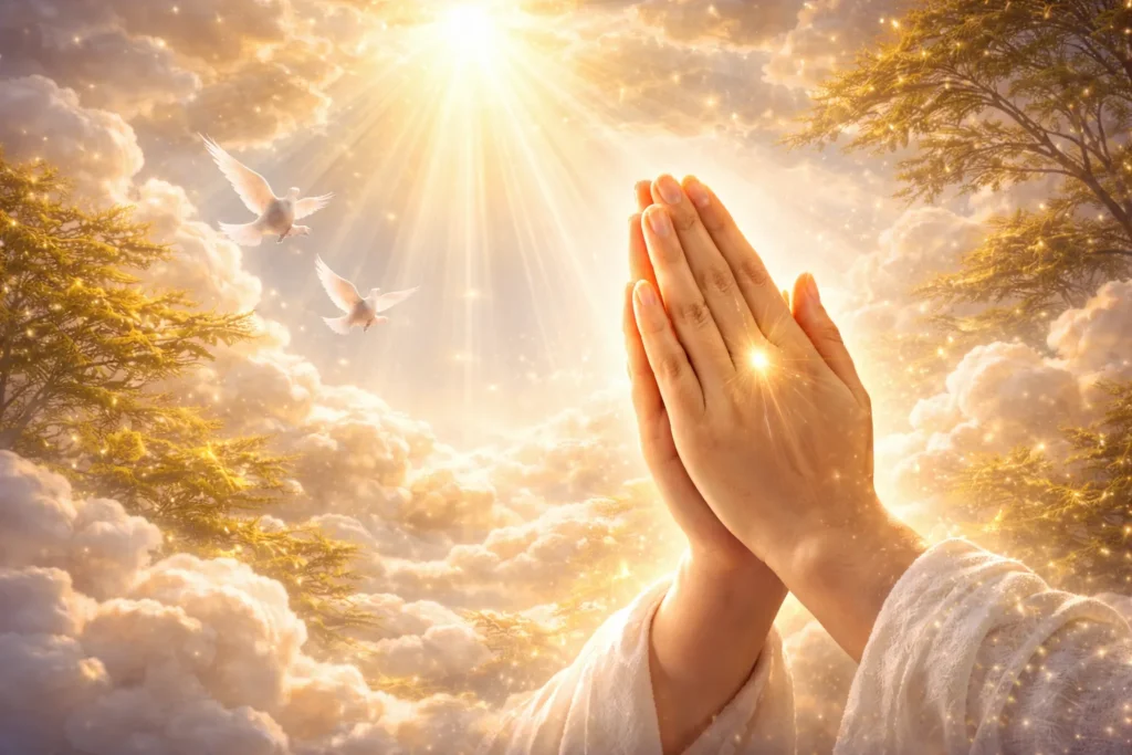 Mãos em oração envolvidas por luz dourada, céu claro e pombas ao fundo, representando fé, entrega, confiança divina e paz interior.