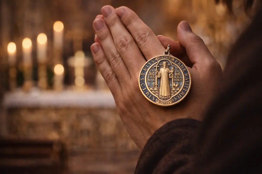 Pessoa em oração segurando a Medalha de São Bento nas mãos dentro de uma igreja, representando fé, proteção espiritual e afastamento de energias negativas.