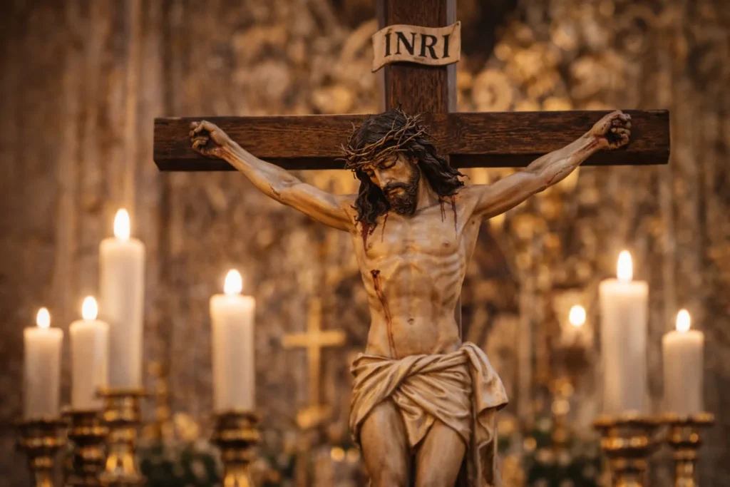 Imagem de Jesus Cristo crucificado no altar de uma igreja iluminado por velas, representando fé, oração e proteção espiritual contra energias negativas.