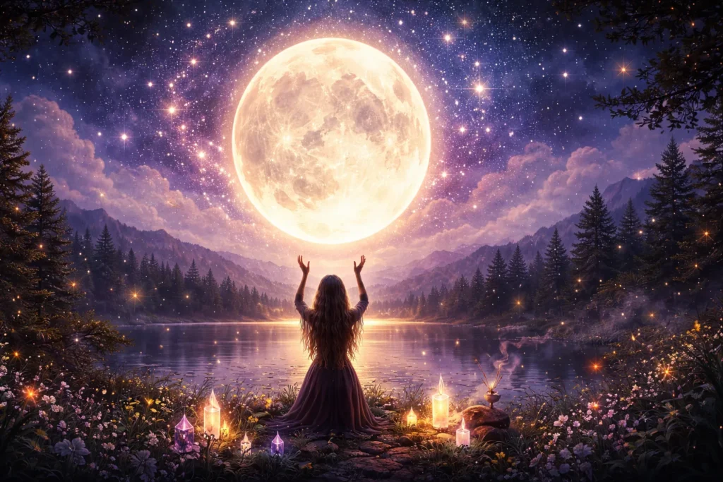Lua cheia brilhante no céu iluminando um cenário espiritual com velas, natureza e energia mística durante a noite.
