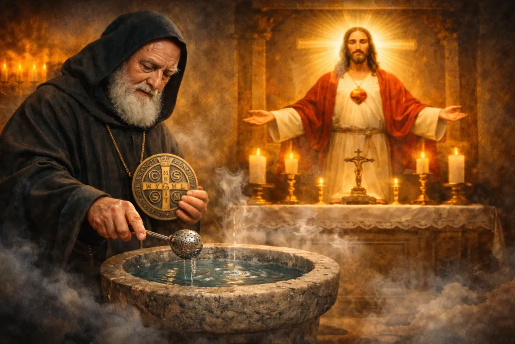 São Bento segurando a medalha e abençoando água benta enquanto Jesus Cristo aparece iluminado no altar ao fundo