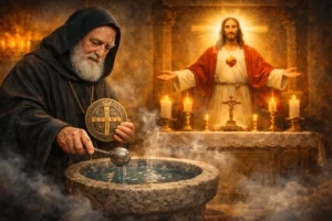 São Bento segurando a medalha e abençoando água benta enquanto Jesus Cristo aparece iluminado no altar ao fundo