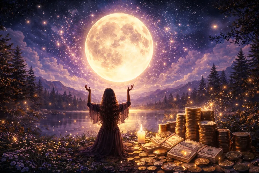Mulher fazendo oração sob a lua cheia com velas e moedas, simbolizando prosperidade e atração de dinheiro.