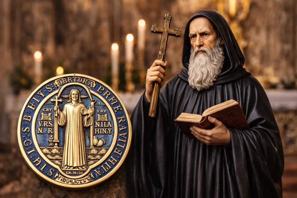 Imagem de São Bento segurando a cruz ao lado da Medalha de São Bento, símbolo tradicional de proteção espiritual contra o mal, inveja e energias negativas.