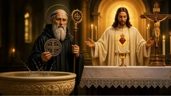 São Bento, na água benta; Jesus Cristo, no altar